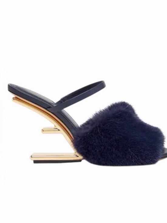 Fendi Shoes - Fendi Navy Mink Fur Slingback Mules with Gold Sculpted Heel